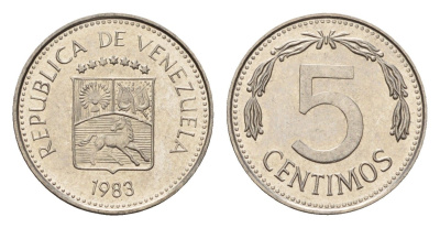 Венесуэла 5 сентимо 1983 год-тип Y 49a сталь плакированная никелем aUNC 4643-911