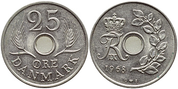 Дания 25 эре 1968 С;S, Фредерик IX (1947-1972) KM 855.1 медно-никель 4398-955