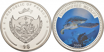Палау 1 доллар 2009 серия вымирающие виды, морская черепаха (Eretmochelys imbricata), цветная эмаль KM 284 медно-никель PROOF M39-19