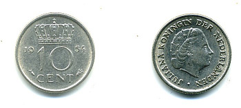 НИДЕРЛАНДЫ 10 ЦЕНТОВ 1954 ЮЛИАНА KM 182 никель 76-326
