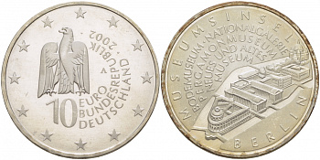 ФРГ 10 евро 2002 А, музейный остров в Берлине KM 218, DE. S. 10.4 серебро UNC 1082-9-15