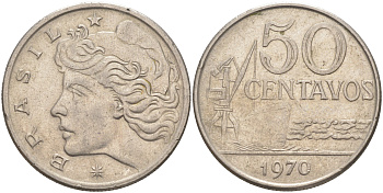 Бразилия 50 сентаво 1970 голова свободы влево KM 580а медно-никель 113-347