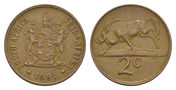 ЮАР 2 цента 1981 герб, антилопа гну KM 83 бронза 4602-834