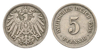 Германия 5 пфеннигов 1906 G, Вильгельм II (1888-1918) KM 11, J. 12 медно-никель 4636-138