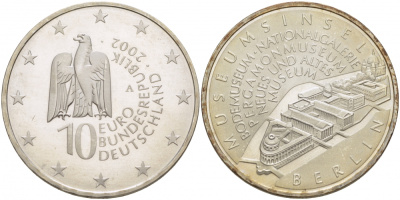 ФРГ 10 евро 2002 А, музейный остров в Берлине KM 218, DE. S. 10.4 серебро UNC 1082-9-15