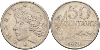 Бразилия 50 сентаво 1970 голова свободы влево KM 580а медно-никель 113-347