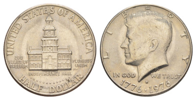 США 1/2 доллара (50 центов) 1976 D, 200 лет независимости, Джон Кеннеди KM 205 медь плакированная медно-никелем aUNC 4545-1145