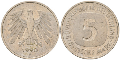 ФРГ 5 марок 1990 F KM 140.1 медно-никель 4557-534