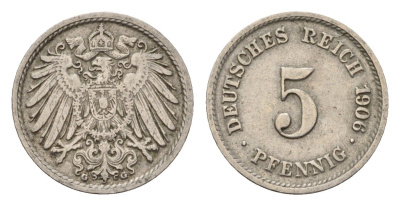 Германия 5 пфеннигов 1906 G, Вильгельм II (1888-1918) KM 11, J. 12 медно-никель 4636-138