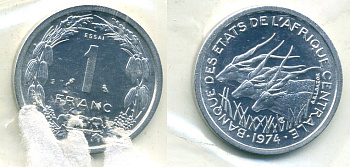 Центрально-Африканские штаты 1 франк 1974 пробник, ESSAI KM E2 алюминий UNC 5010-735