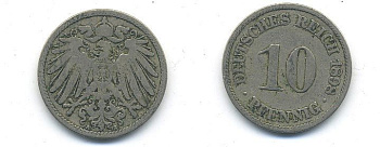 ГЕРМАНИЯ 10 ПФЕННИГОВ 1898 A KM 12, J. 13 медно-никель 58-223