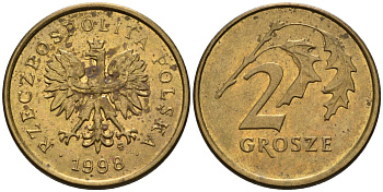 Польша 2 гроша 1998 MW KM 277, Parchimowicz 702e латунь 4580-519