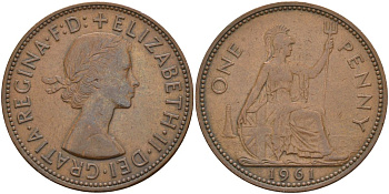 Великобритания 1 пенни 1961 Елизавета II (1952-2022) KM 897, Spink 4157 бронза 4149-815
