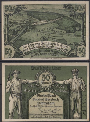 Обервайсбах 50 пфеннигов 1921 Grabowski 1003.1-3/5 бумага UNC (пресс) 8592-50-1-2