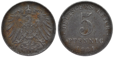 Германия 5 пфеннигов 1921 A KM 19, J. 297, Weege 5 железо 4118-1142