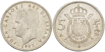 Испания 5 песет 1983 Хуан Карлос I (1975-2014) KM 823 медно-никель 217-454