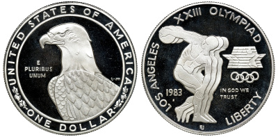 США 1 доллар 1983 XXII Олимпийские игры в Лос-Анжелесе, дискобол, S, в оригинальной коробке KM 209 серебро PROOF 00-00