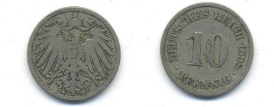 ГЕРМАНИЯ 10 ПФЕННИГОВ 1898 A KM 12, J. 13 медно-никель 58-223