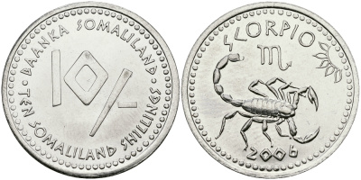 Сомалиленд 10 шиллингов 2006 СЕРИЯ ЗНАКИ ЗОДИАКА, СКОРПИОН KM NEW никелированная сталь UNC 540-834