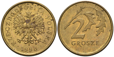 Польша 2 гроша 1998 MW KM 277, Parchimowicz 702e латунь 4580-519