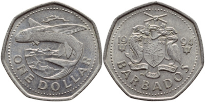 БАРБАДОС 1 ДОЛЛАР 1994 ЛЕТУЧАЯ РЫБА KM 14.2 медно-никель 4398-255