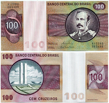 Бразилия 100 крузейро ND (1974 & 1981) Флориану Пейшоту, серия A12293 Pick 195A b бумага UNC (пресс) 7485-1-3-1
