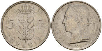 Бельгия 5 франков 1977 Belgie, Бодуэн I (1951-1993) KM 135 медно-никель 4395-635