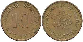 ФРГ 10 пфеннигов 1987 J KM 108, J. 383 сталь плакированная латунью 4604-1153