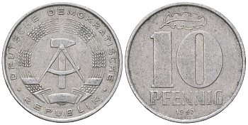 ГДР 10 пфеннигов 1967 A KM 10 алюминий 201-824