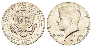 США 1/2 доллара (50 центов) 1974 Джон Кеннеди KM 202b медь плакированная медно-никелем aUNC 4536-725