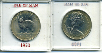 Остров Мэн 1 крона 1970 кошка Мэна, в оригинальной пластиковой коробке KM 18 медно-никель UNC 6-6-1-72