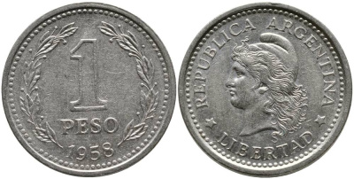 Аргентина 1 песо 1958 голова свободы влево KM 57 сталь плакированная никелем 4525-912