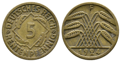 ГЕРМАНИЯ 5 РЕНТЕНПФЕННИГОВ 1924 F, KM 32, J. 308 алюминиевая бронза 4380-1021