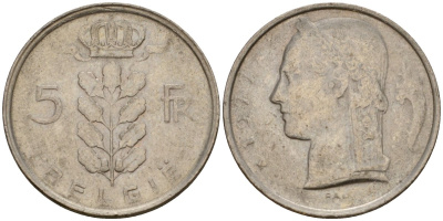 Бельгия 5 франков 1977 Belgie, Бодуэн I (1951-1993) KM 135 медно-никель 4395-635