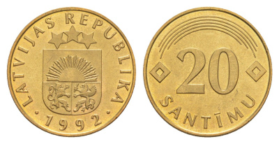 Латвия 20 сантимов 1992 KM 22.1 никель латунь UNC 3996-1019