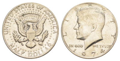 США 1/2 доллара (50 центов) 1974 Джон Кеннеди KM 202b медь плакированная медно-никелем aUNC 4536-725
