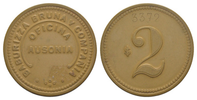 Чили, Аузония (Ausonia), Антофагаста шахтерский жетон с Селитряного рудника для покупки в местных магазинах, номиналом в 2 песо 1880-1920 диаметр 45,5 мм, вес 6,27 гр Espinosa 36.15 эбонит (охра) 1094-11-52