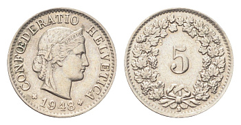 Швейцария 5 раппенов 1948 B KM 26 медно-никель 4705-1241