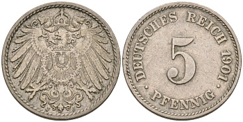 Германия 5 пфеннигов 1901 J KM 11, J.12 медно-никель 4567-1027