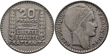 Франция 20 франков 1934 Пьер Тюрен KM 879, Le Franc 400.4 серебро 441-1633