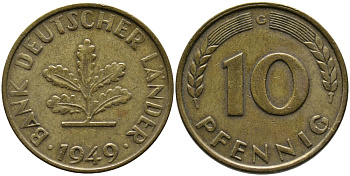 ФРГ 10 ПФЕННИГОВ 1949 G KM 103, J. 378 сталь плакированная латунью 98-531