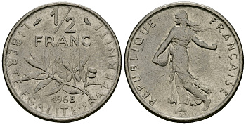 Франция 1/2 франка 1968 сеятель KM 931 никель 4135-651