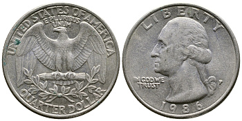 США 25 ЦЕНТОВ = КВОТЕР 1986 Р, ВАШИНГТОН KM А164а медь плакированная медно-никелем 4364-2245