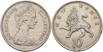 Великобритания 10 пенсов 1968 Елизавета II (1952-2022) KM 912, Spink 4231 (F1) медно-никель 4587-921