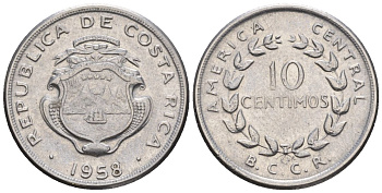 Коста-Рика 10 сентимо 1958 (1959) KM 185.1a, Schoen 34a нержавеющая сталь 4124-152