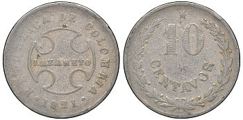 Колумбия 10 сентаво 1921 государственный лепрозорий KM L12 медно-никель 53-442
