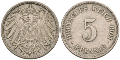 Германия 5 пфеннигов 1901 J KM 11, J.12 медно-никель 4567-1027