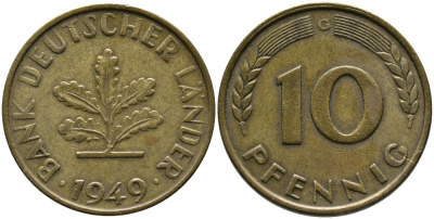 ФРГ 10 ПФЕННИГОВ 1949 G KM 103, J. 378 сталь плакированная латунью 98-531