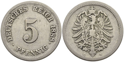 ГЕРМАНИЯ 5 ПФЕННИГОВ 1888 G, СТАРОГЕРБОВКА KM 3, Jager 3, Weege 5 медно-никель 4546-1053