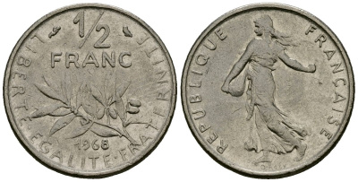 Франция 1/2 франка 1968 сеятель KM 931 никель 4135-651